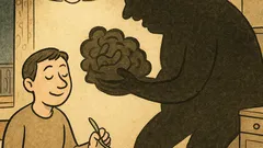 Момче яде здравословно, а зад него тъмна фигура държи броколи